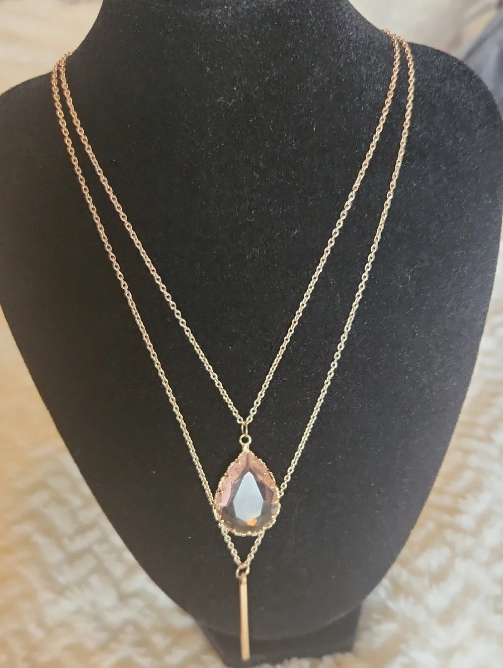 Multi Layered Gold Necklace with Rose Quartz Glass Pendant And Hanging Accent
